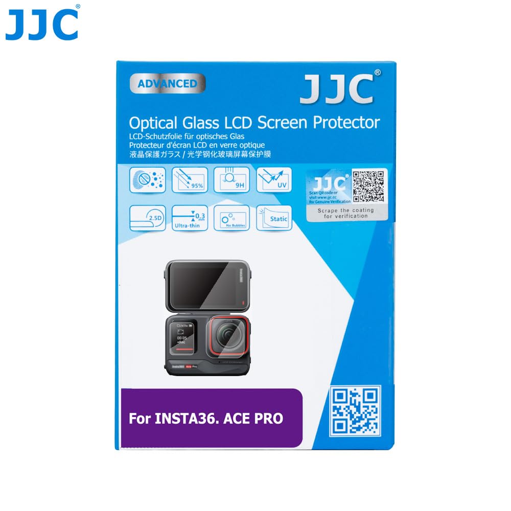 JJC Ochraniacz ekranu ze szkła hartowanego do kamery Insta 360 Ace Pro Action Camera, ultracienki HD, wysoka twardość, nietłukący się, zapobiegający powstawaniu pęcherzyków powietrza do obiektywu i