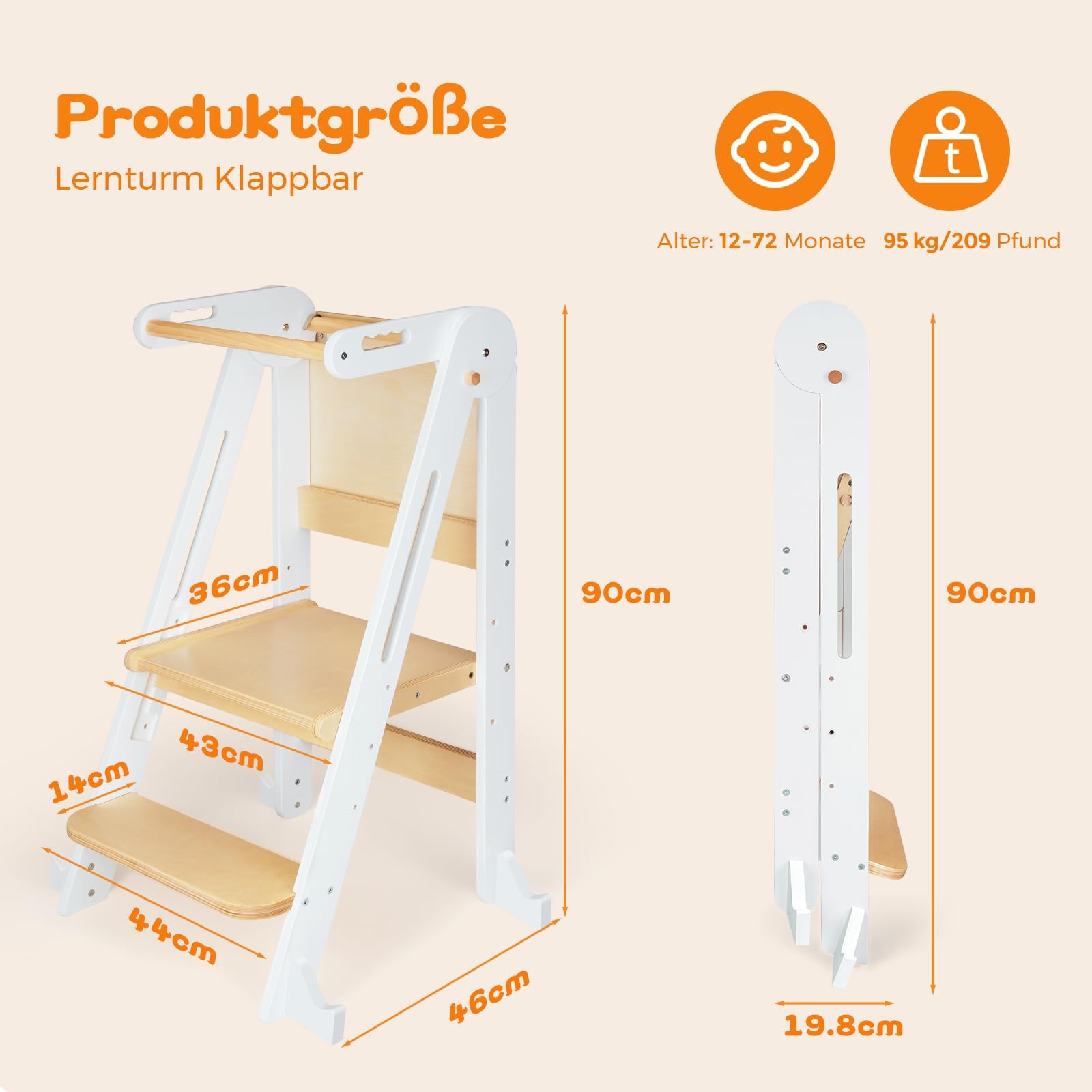 Lernturm ab 1 Jahr | 2 in 1 Learning Tower für Kinder | Klappbare Tritthocker mit Reißbrett | Lernturm Für Kinder, für Küche Tisch Bad
