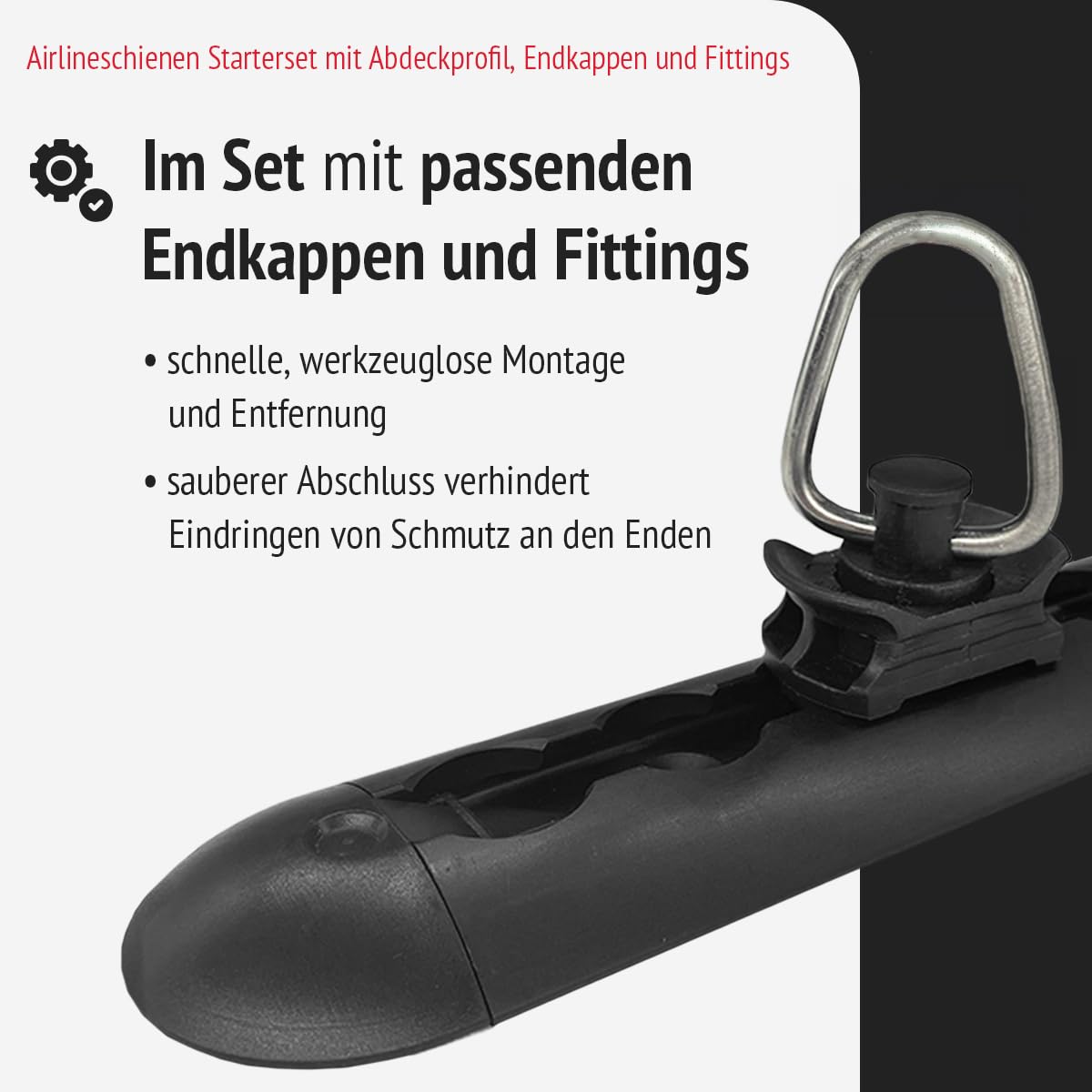 2 Airlineschienen 2m, halbrund, schwarz 8 Endkappen 8 Fittinge 4m Profile
