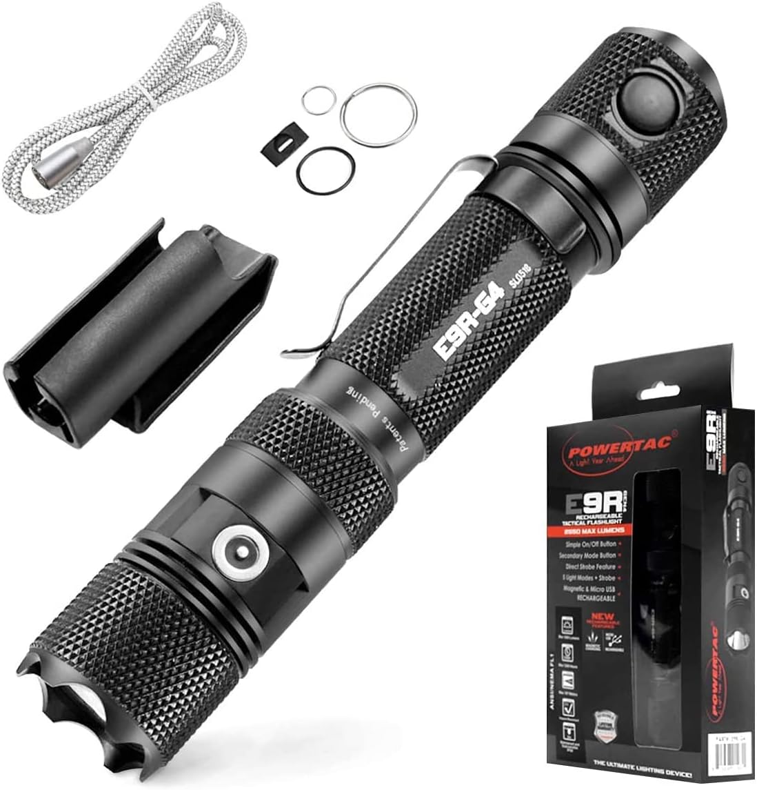 PowerTac E9R G4 LED Tactical Flashlight with USB Rechargeable
