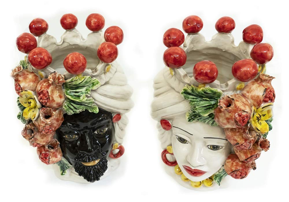 Coppia teste di moro Caltagirone con melograni in ceramica siciliana vasi grande H 30 cm