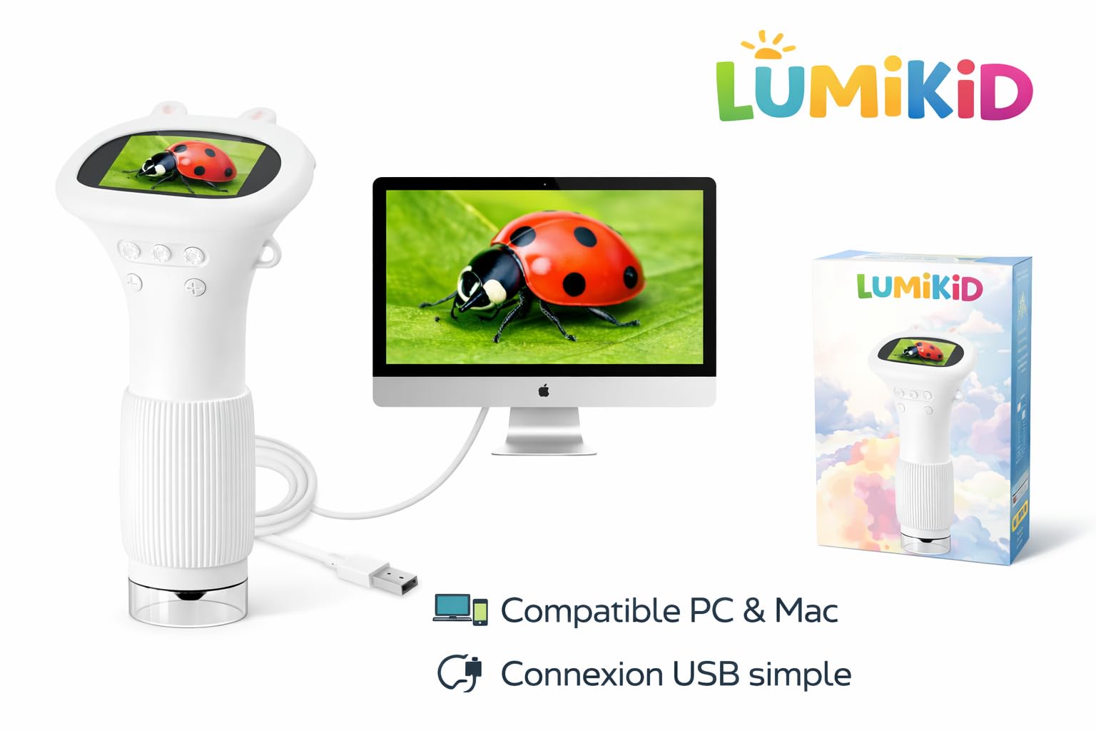 Microscopio digital infantil con pantalla IPS de 2 pulgadas, aumento de 1000 x – recargable – 8 LED ajustables – foto y vídeo – juguete científico educativo de 3 a 10 años – idea de regalo (amarillo)