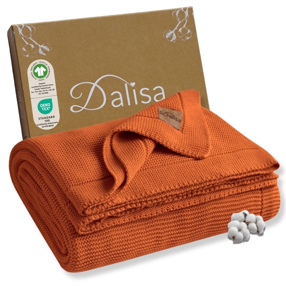 Dalisa Organic Turkish Cotton Throw Blanket 130 x 150 cm, Harvest Pumpkin – GOTS Certified, Soft Knit for Sofa & Bed, Boho Vintage Design, Machine Washable