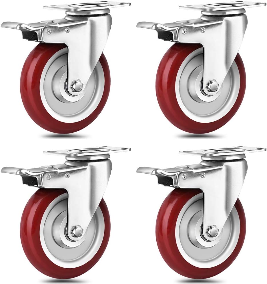 Spacecare 5" Caster Wheels Set of 4, Lockable Bearing Plate Caster Wheels with Brakes, 360-degree Swivel Casters Wheels for Furniture and Workbench Cart, 1460Lbs with 360 Degree No Noise Plate Castors
