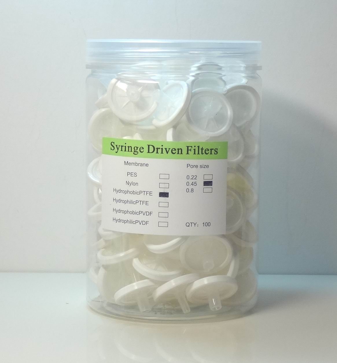 100pcs Disposable Syringe Filters, PTFE, 0.45 ?m, 25mm, 2.5cm, HPLC