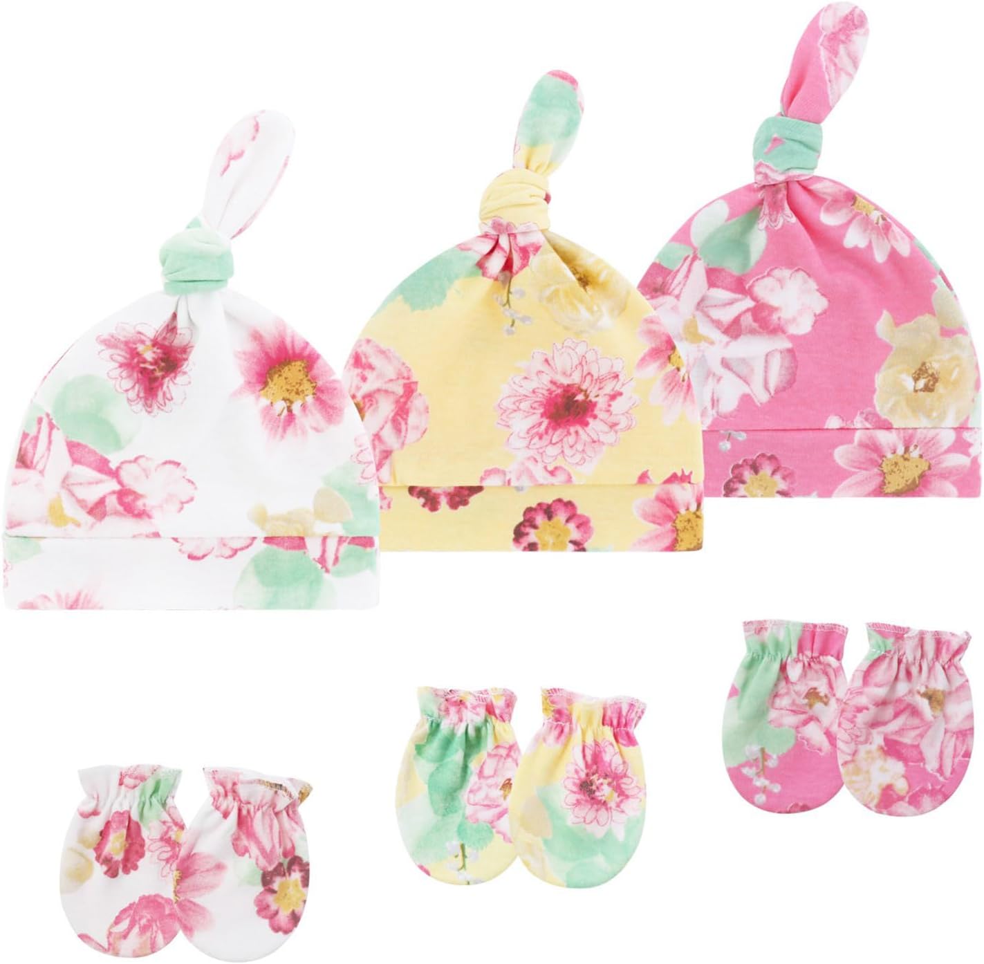 3 Set Elastic Newborns Hand Cover Scratch Resistant Mittens Baby Gloves with Matching Bonnet Hat for Indoor Outdoor