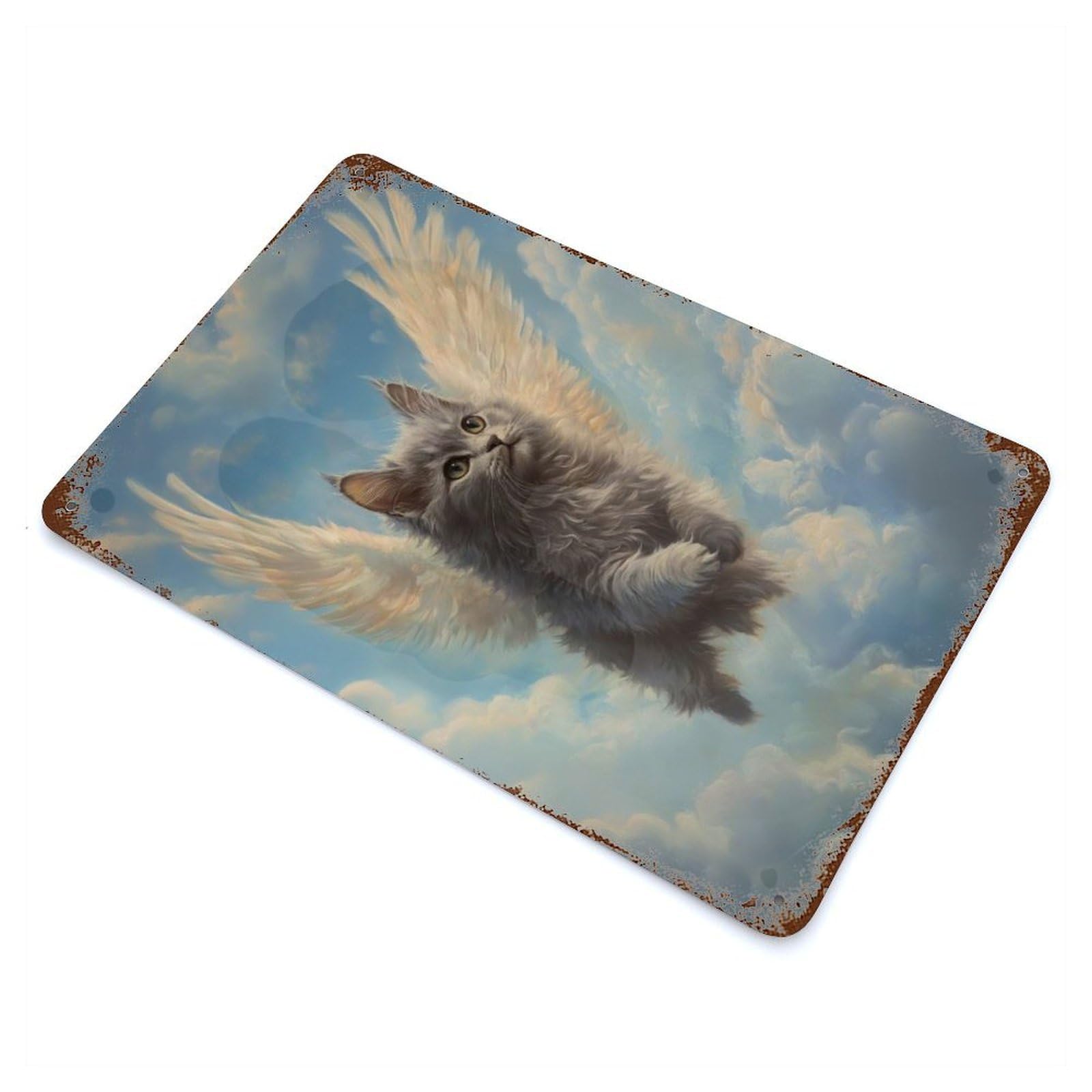 Winged Cat in The Sky Majestic Feline Tribute 11.8"x7.9" Rusty Metal Tin Sign, Novelty Wall Decor for Cafe, Home Bar And Lounge Decor