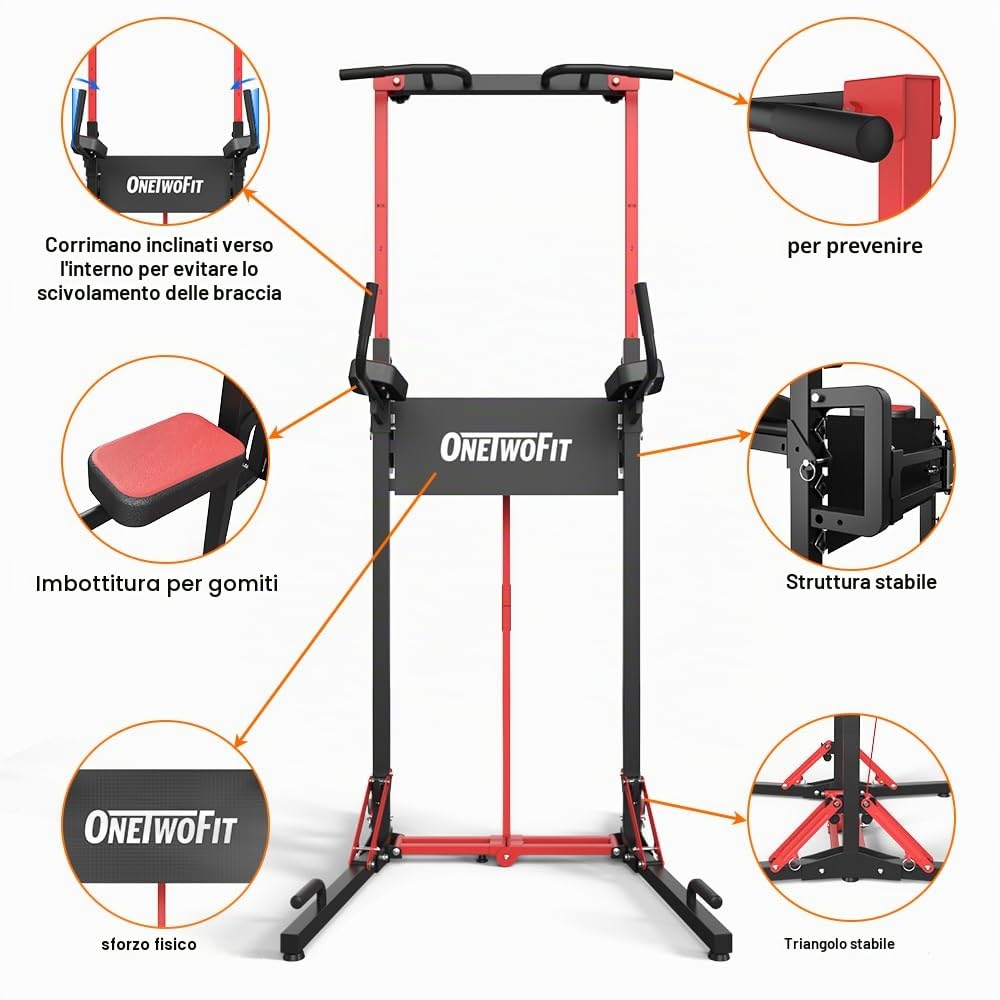 ONETWOFIT Barra per trazioni autoportante pieghevole,Power Tower Dip Station,regolabile in altezza 127-224cm,multifunzionale Attrezzi da palestra assistenza macchina