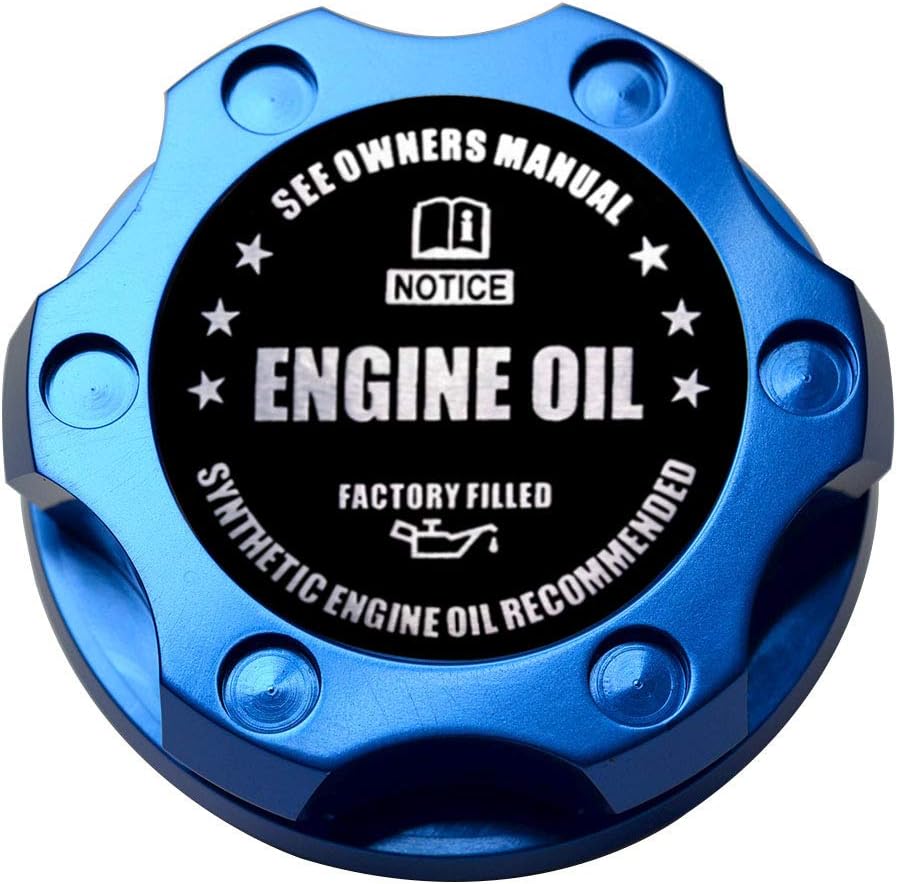 VMS RACING BLUE OIL CAP with BLACK ENGINE OIL NOTICE Emblem in CNC Machined Billet Aluminum Compatible with Ford Mustang 2005-2017 Twist Lock 1/4 Turn Cap Mechanism