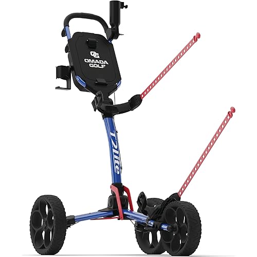OMADA GOLF T2Lite Golf Push Cart | Lightweight, Ultra-Compact Folding Golf Cart | Large All Terrain Wheels | Umbrella Holder Included | Deep Storage Console | Adjustable Handle, Handbrake + Cup Holder