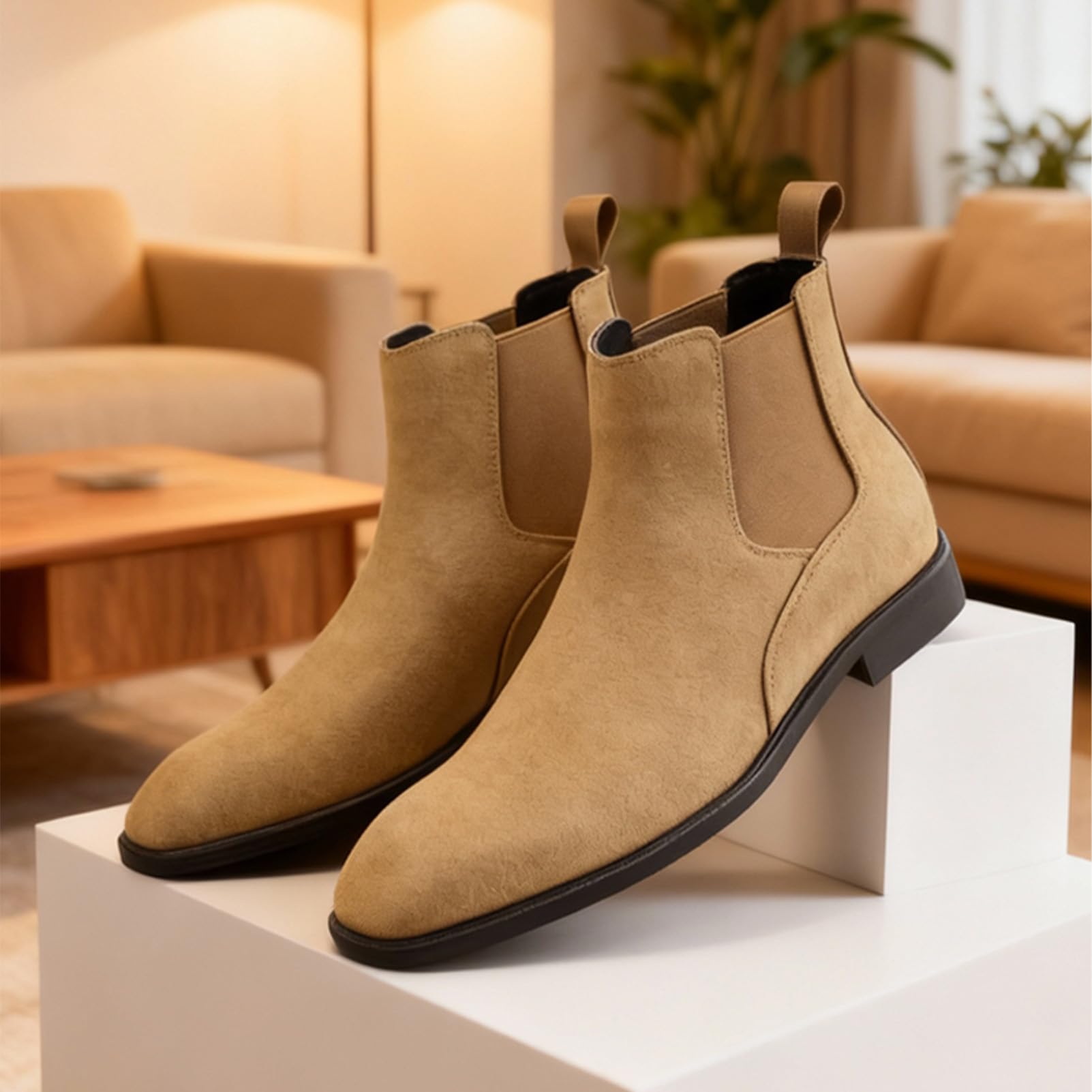 ANUFER Herren Rindsledern Wildlederleder Chelsea-Stiefel Quadratische Zehe Slip On Kleid Knöchelstiefel