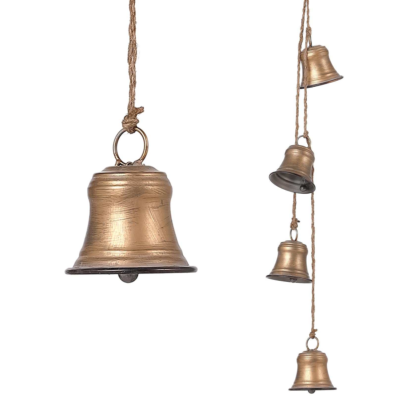 Vintage Gold Harmony Bell Set, 4 Pcs Small Hanging Meditation Bell, Brass Decorative Christmas Cow Bell, Rustic Metal Christmas Cowbell Set for Home Door Window Wall Tree Wreath Hanging Ornament Decor