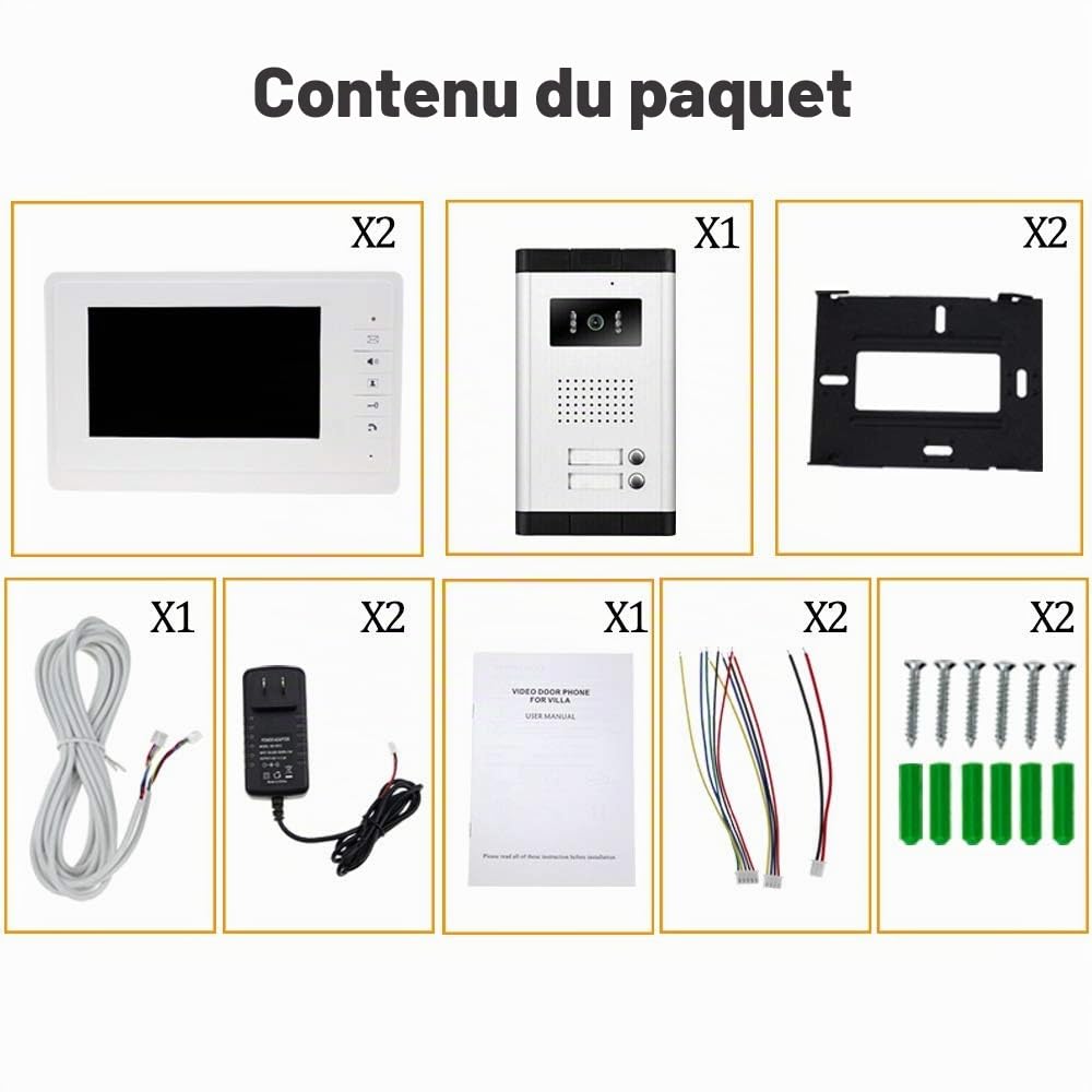 LIBO 7 Pouces Système de téléphone de Porte Sonnette vidéo Filaire 2 moniteurs avec 1 caméra Vision Nocturne IR 800 x 480, Control 2 Maison pour Multi Appartement/Familles
