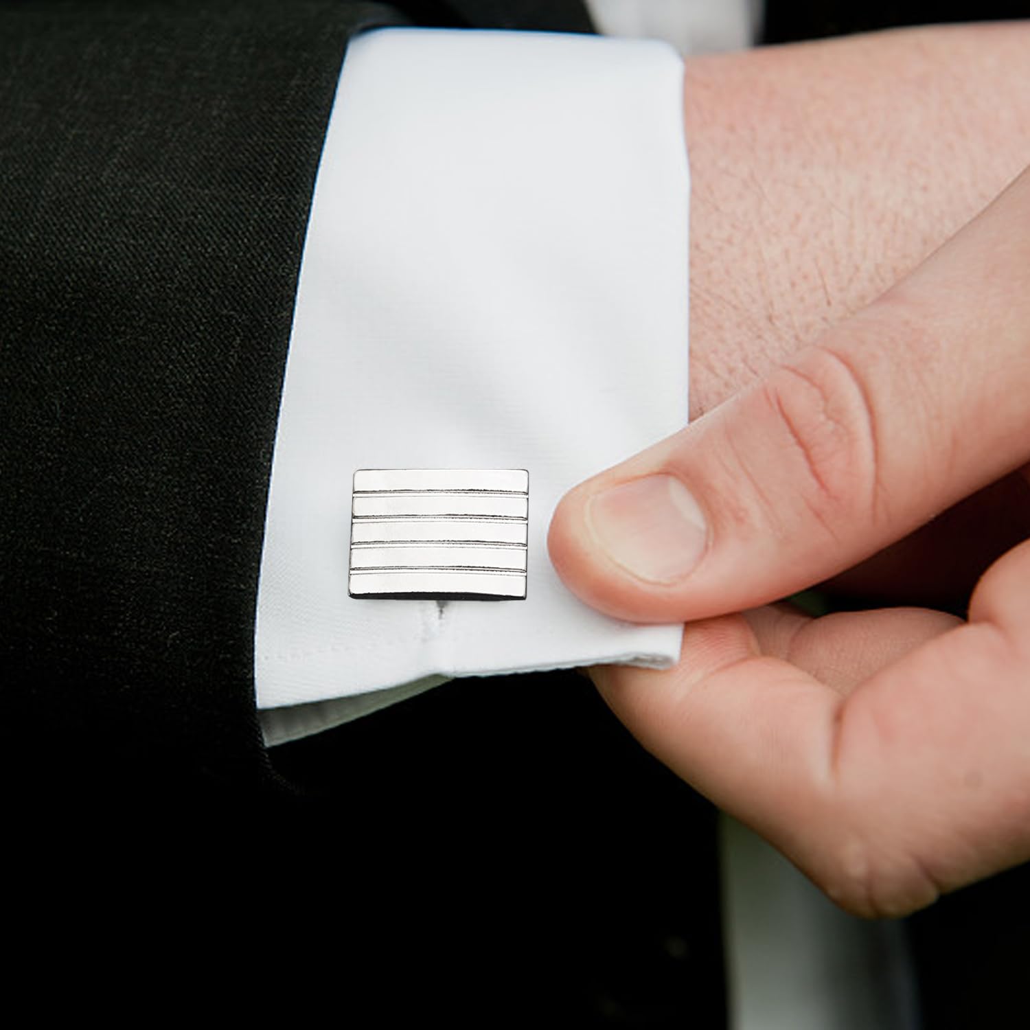 Set di 2 paia di gemelli in acciaio inossidabile, a righe, personalizzati, da uomo, camicia (nero/argento), Taglia unica, Acciaio inossidabile, Nessuna pietra preziosa