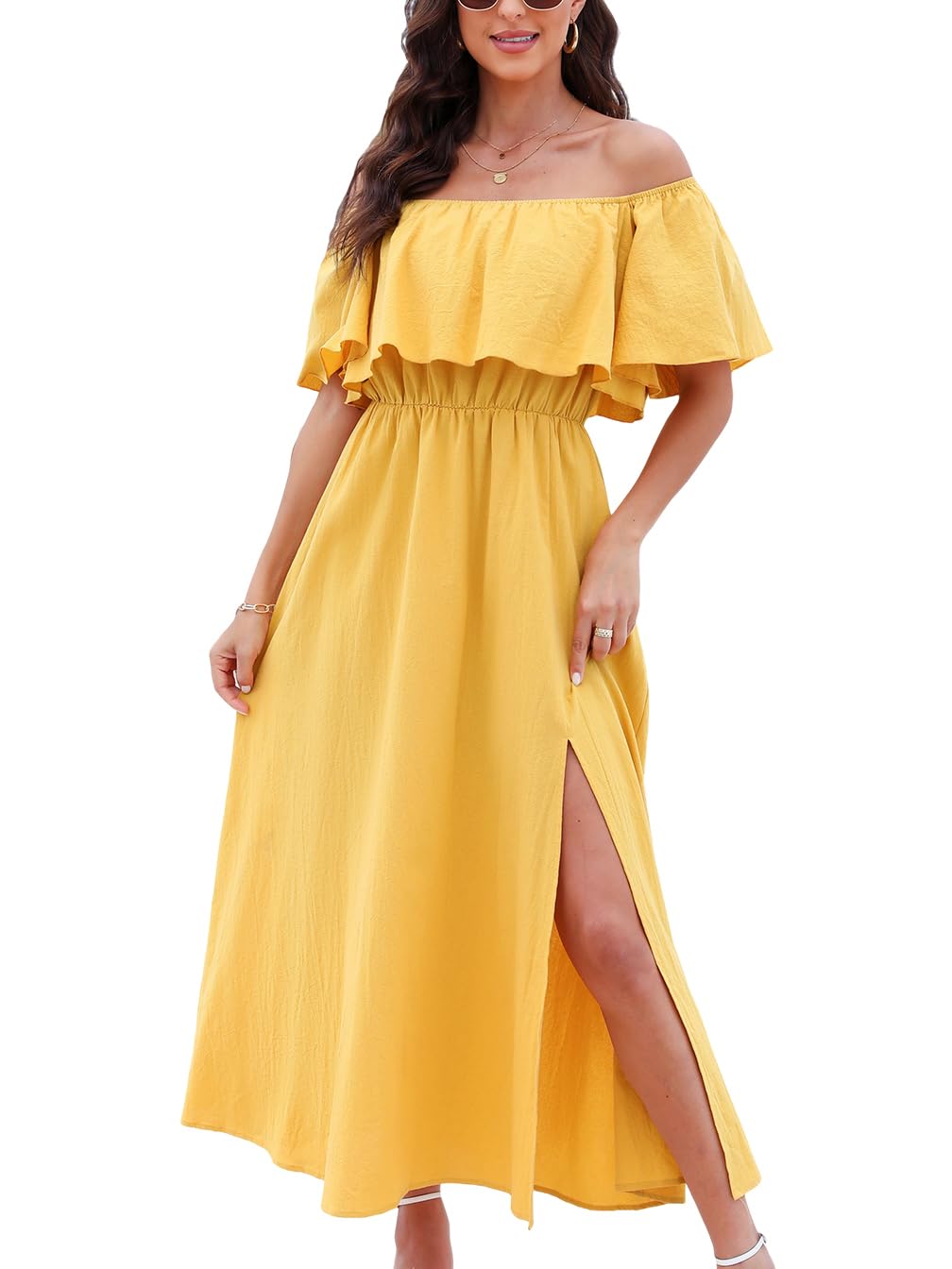 CUPSHE Women's Summer Dress Flounces Off Shoulder Dress Leg Slit Tropical Print Casual Dresses Beach Off Shoulder Maxi Dress
