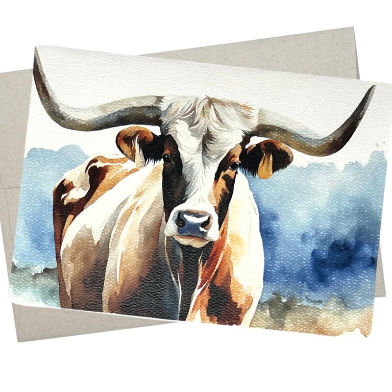 Longhorn Steer Greeting Card (1 Premium Card, 5X7 Inch) blank inside for longhorn birthday, cow lovers, and farm people - 891
