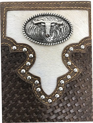 Western Men's Cow Fur Genuine Leather Basketweave Longhorn Bifold Wallet in 2 Colors (Coffee)2