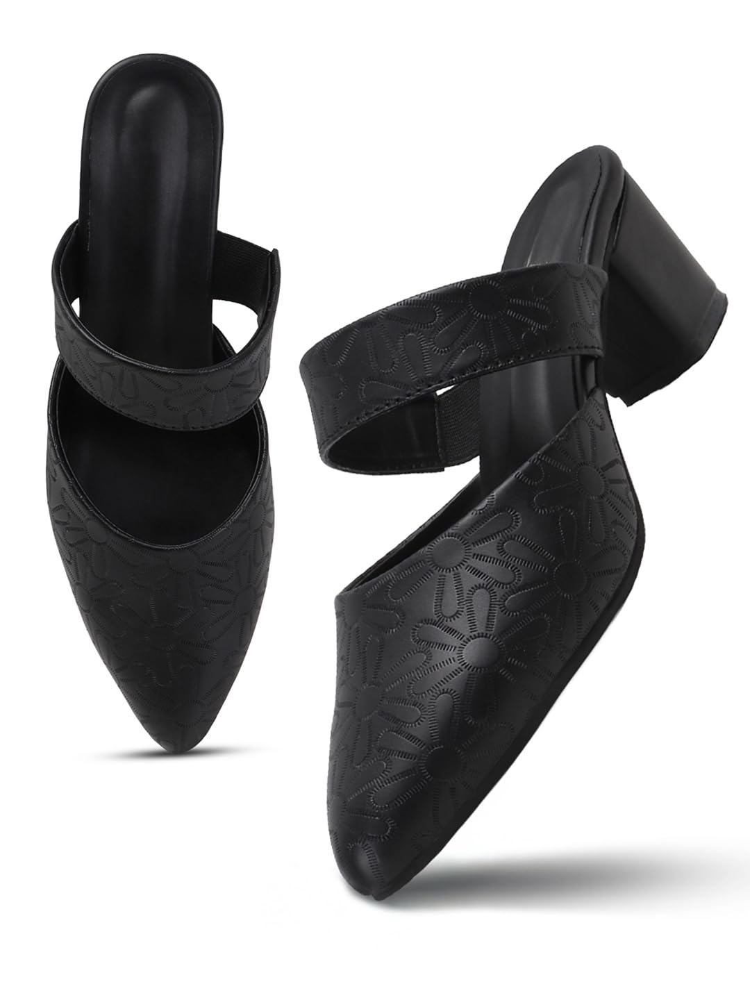 Elegant Slip on Mules Floral Emboss Block Heel Sandals For Women's And Girl's-image-31