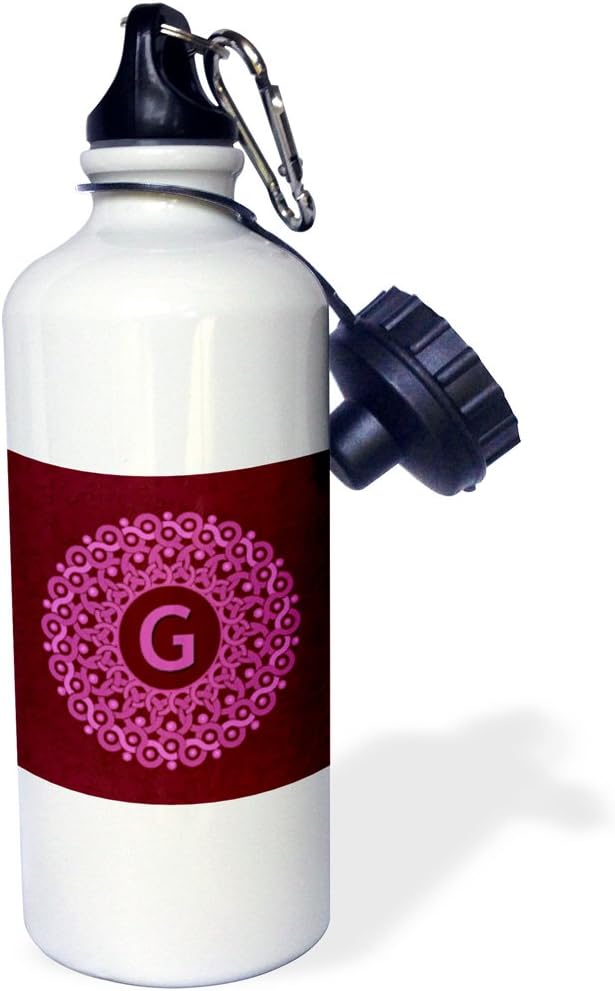 3dRose "Monogram G pink and magenta mandala on rich wine red muted grunge damask" Sports Water Bottle, 21 oz, White