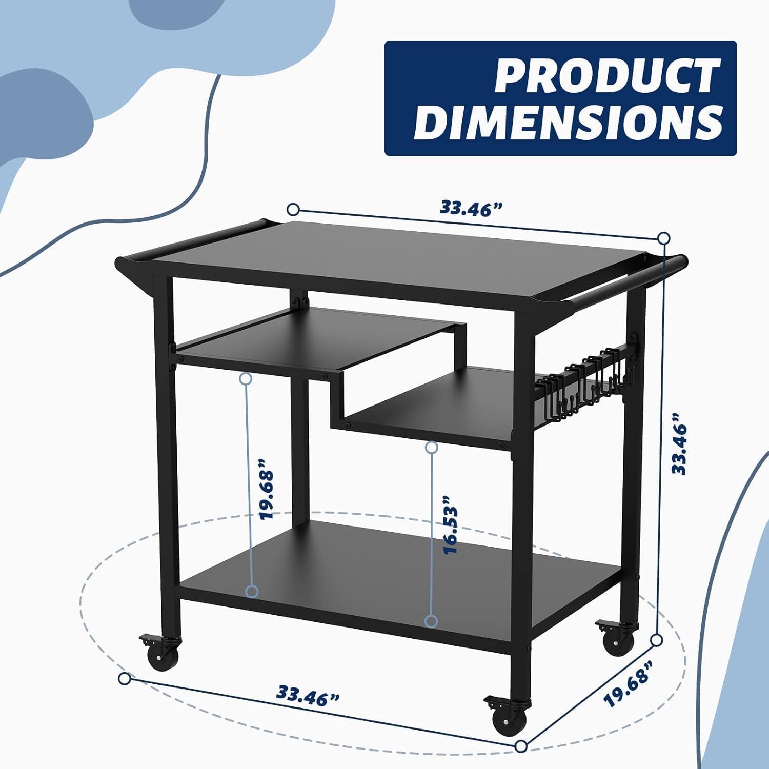 20" x 32" Mesa de barbacoa móvil de tres niveles, mesa de barbacoa multifuncional para exteriores, carrito de barbacoa con ruedas