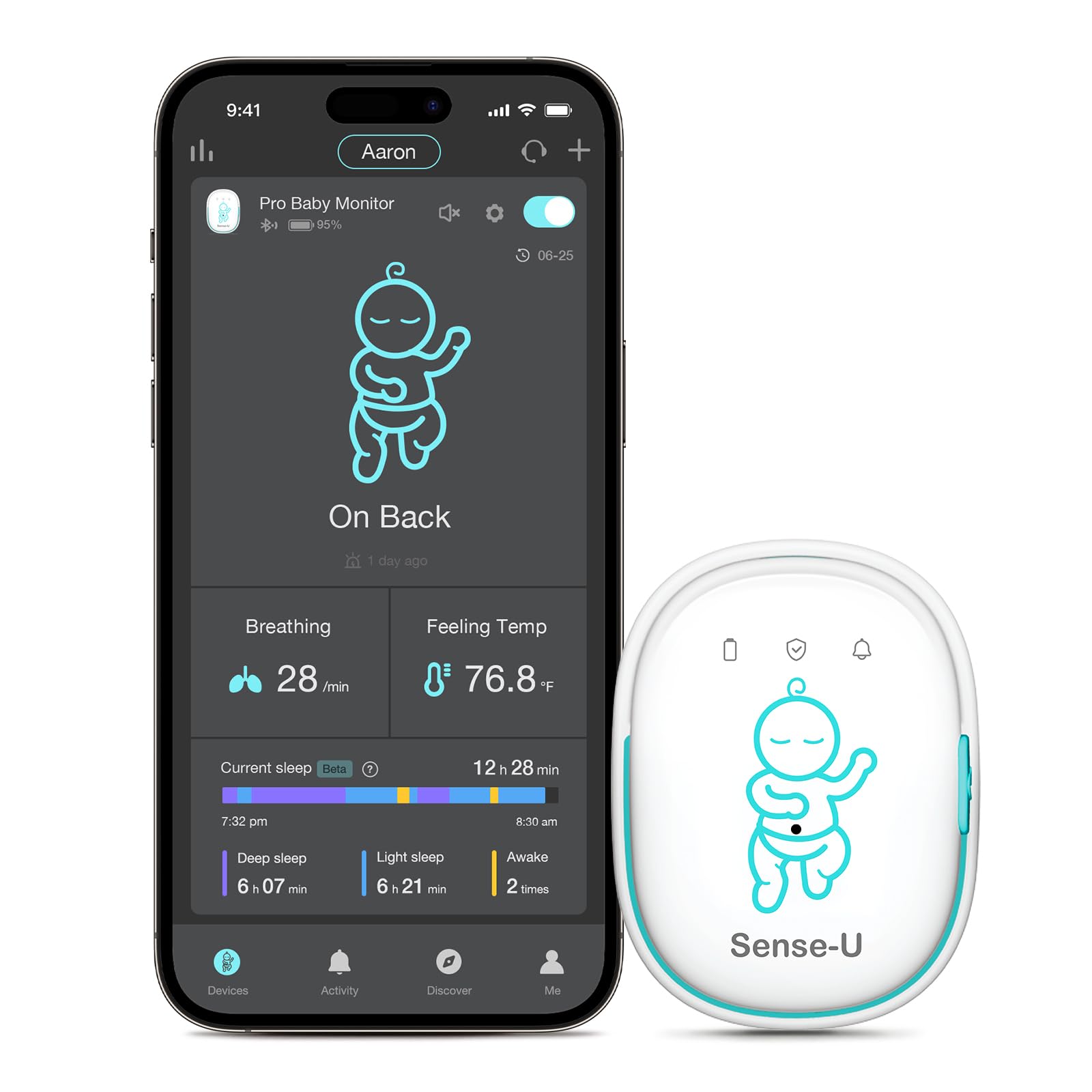 Pro Baby Monitor – Breathing Movement, Rollover & Overheating Trackers for Better Sleep, Simple Clip-On Smart Sleep Monitor with Arousal Vibration, Audible Alerts & Sleep Analysis
