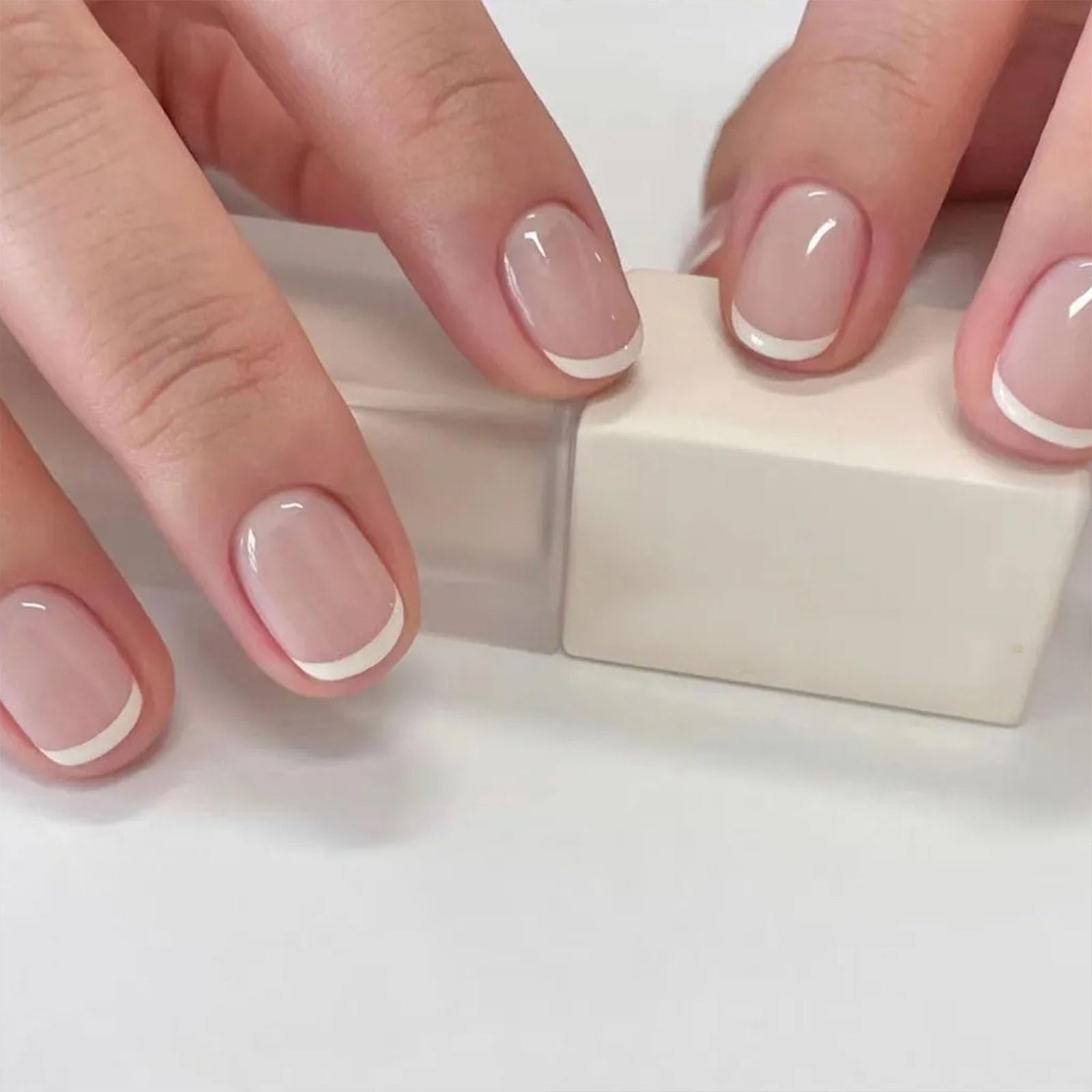 White French Tip Press on Nails Short Square Fake Nails Press ons Simple Style Acrylic Nails Full Cover Reusable Glossy False Nails Artificial Stick