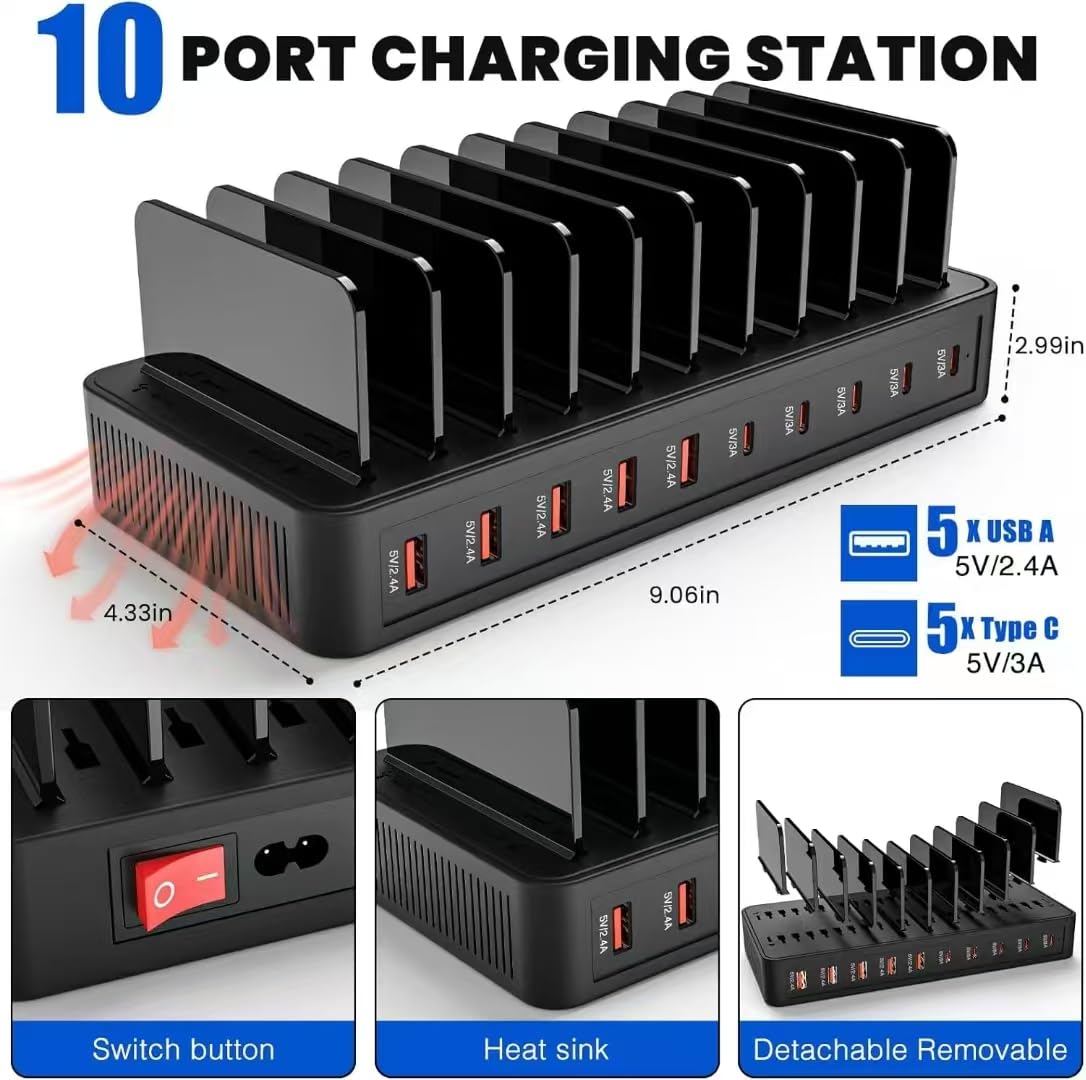 Haioulun 100W 10-Port Smart Charging Station | 5 USB-A & 5 USB-C Ports | Organized Design for Cellphones, Tablets, Watches & More (Black)