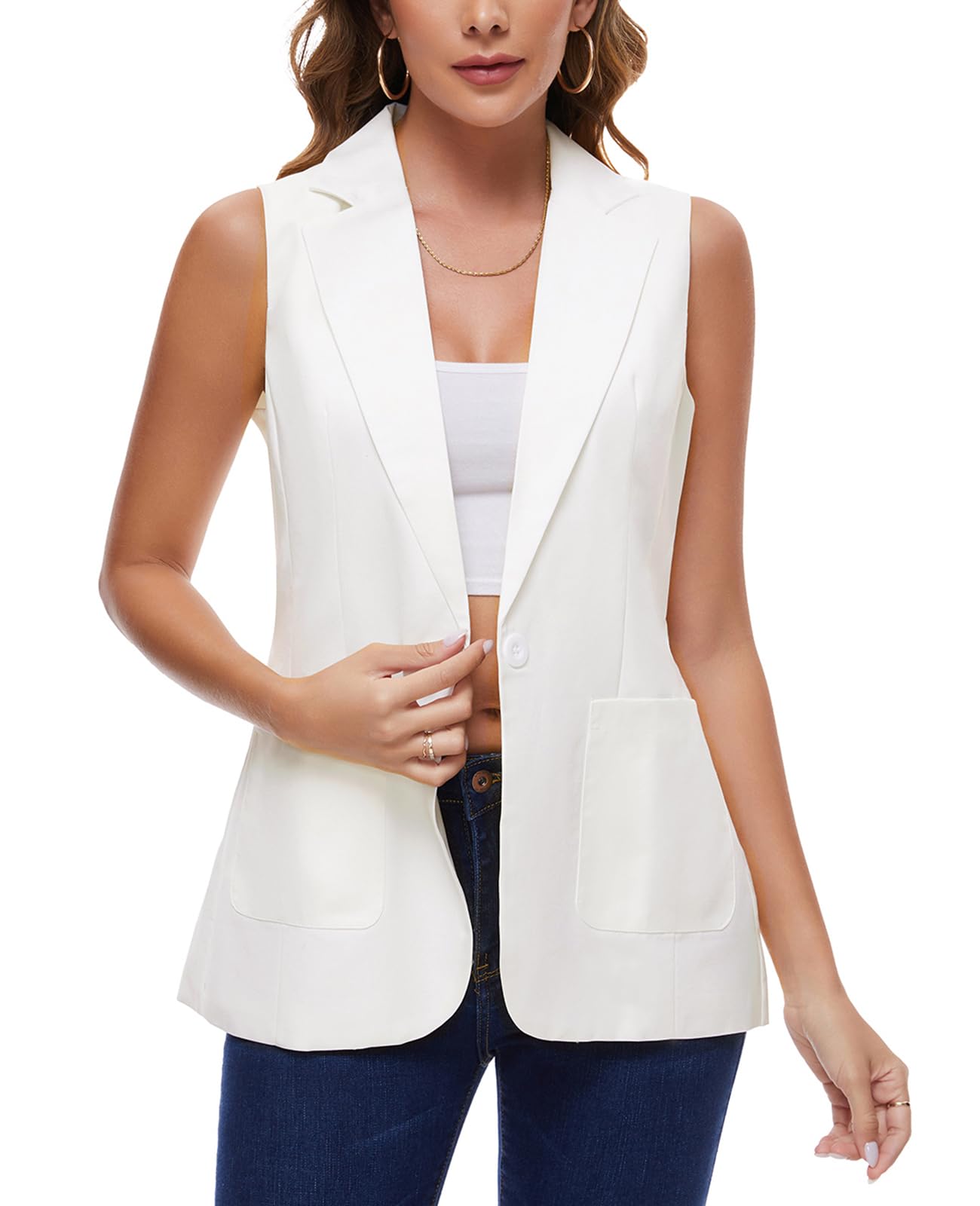 Blazer senza maniche da donna, gilet lungo da ufficio, completamente foderato, con un bottone, con risvolto dentellato