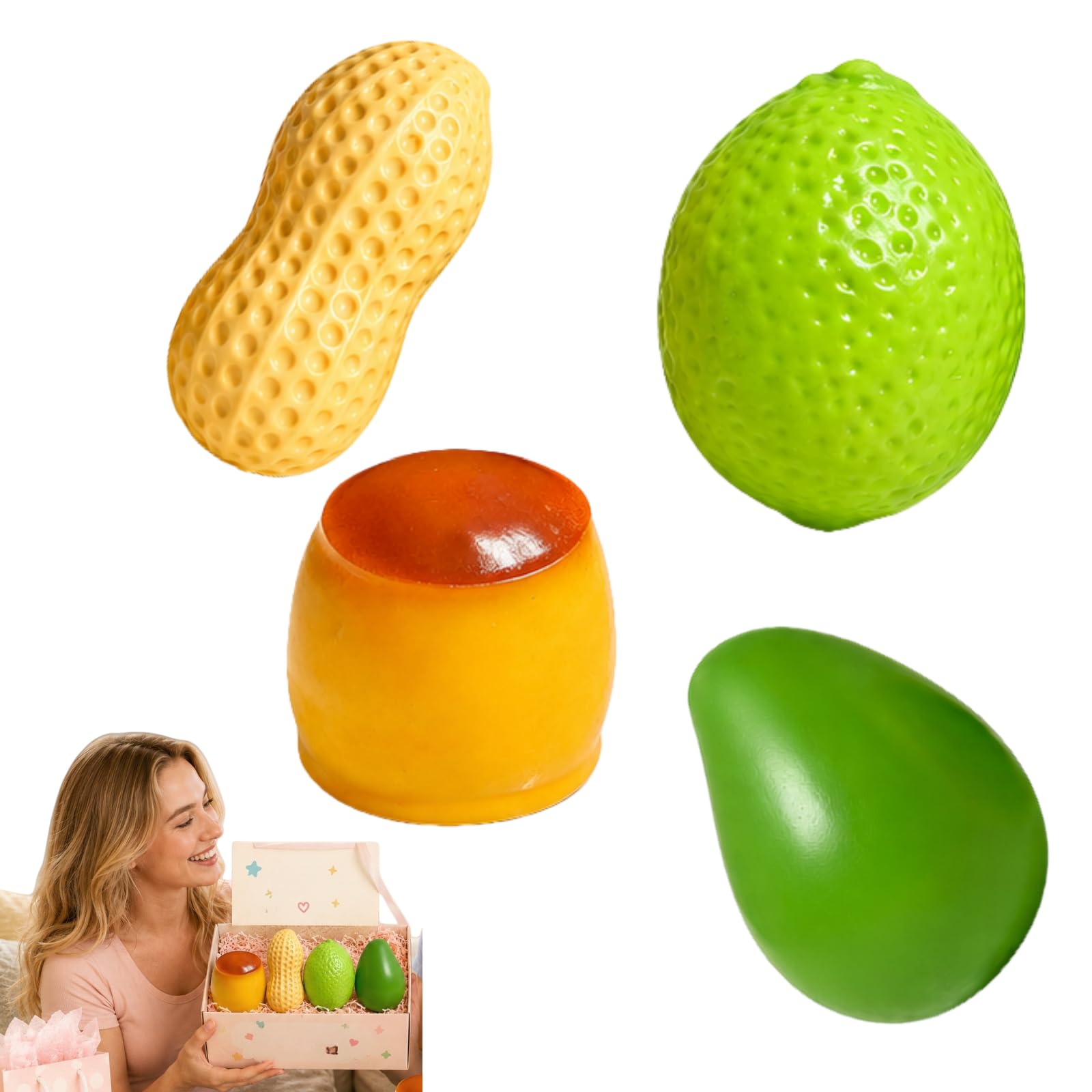 4 PCS Crunchy Squishy Mango Peanut Lemon Pudding Stress Ball Set, ASMR Bead Filled Slow Rising Realistic Shape Squeeze, Textured Sensory Ball for Anxiety Management Party Favors (A) — image 1