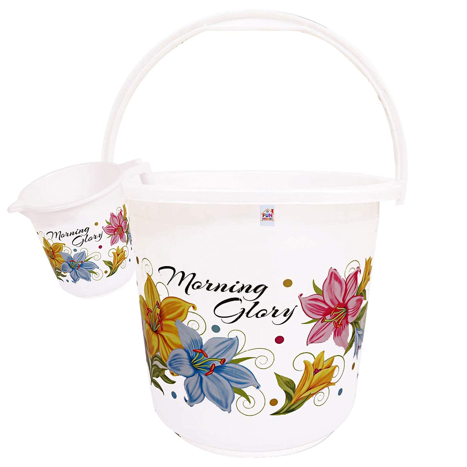 Kuber IndustriesPrinted 2 Pieces Unbreakable Virgin Plastic Multipurpose Bathroom Bucket & Mug Set (White)