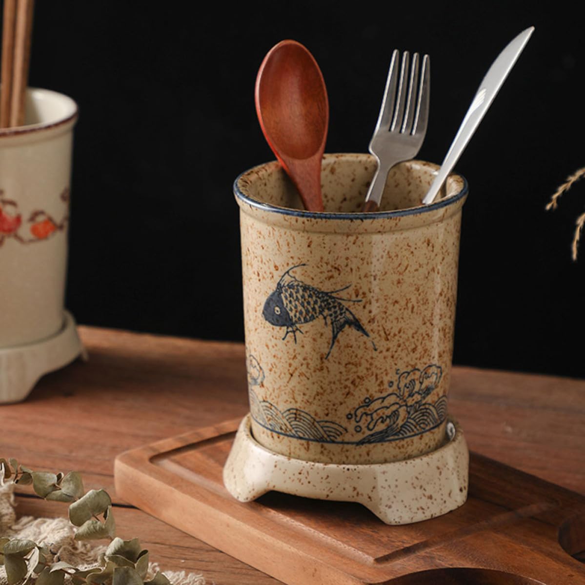 OSALADI Porte-ustensiles Cuisine en Céramique Style Japonerie Trous D'évacuation, Support pour Baguettes, Cuillères et Fourchettes, Design Élégant Cuisine et Présents
