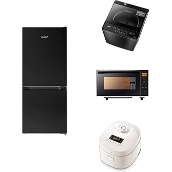 COMFEE 4 Piece Home Appliance Set, 174L Black Refrigerator + Washing Machine 12.1 lbs 5.5 kg Black + Microwave 5.7 gal 17 L Flat Table + 4 Rice Cookers for Living Alone, New Home Appliance Set