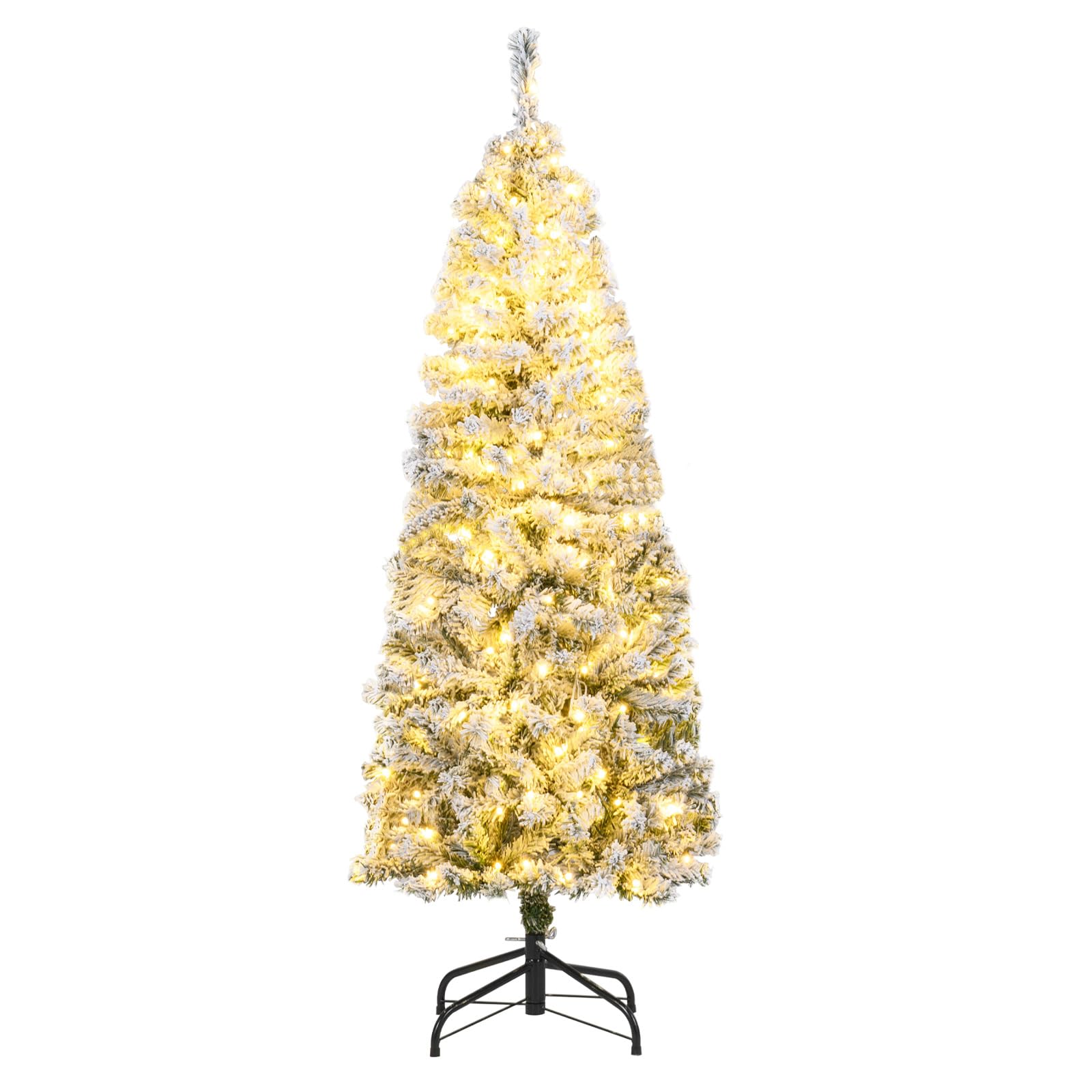 COSTWAY Arbol de Navidad Nevado con Luces 150cm, Árbol de Navidad Slim/Estrecho, 180 Luces LED, 8 Modos, Arvore de Natal Lapiz con Nieve, 329 Puntas de PVC (150cm)