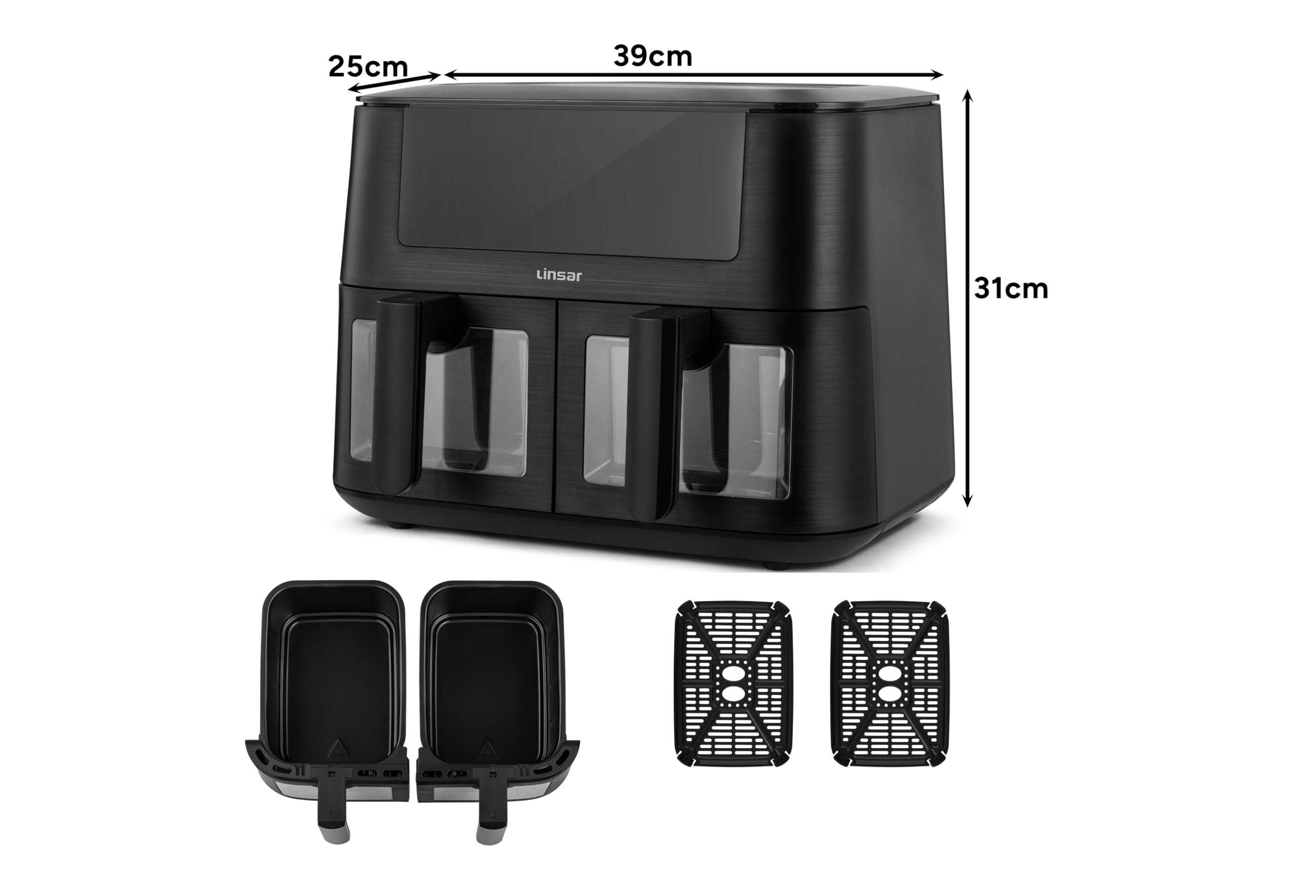 Linsar Dual Zone Heißluftfritteuse mit Doppelkammer, 8L Air Fryer 2 Körben mit Sichtfenster, Touchscreen,9 Presets,Dual Cook, Synchronisieren Fertig Technik, 2570-3040 Watt (Schwarz)