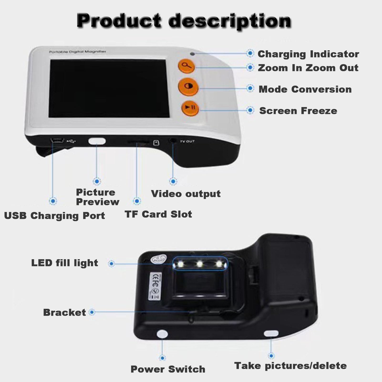 Lupa digital portátil, ayuda de lectura electrónica, pantalla táctil de 8 pulgadas 640x480 con luz de relleno para la discapacidad visual, baja visión, ceguera en color, ambliopía, zoom 2x-25x ,Black
