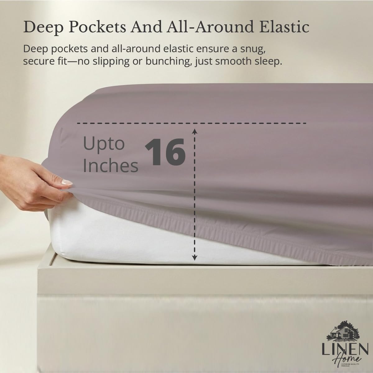 Linen Home 100% Cotton Percale Weave Fitted Sheet, Queen Size, Prelude Purple, 1 Deep Pocket Fitted Sheet, Fits Mattress Upto 16" Crisp and Cool Strong Bed Linen, 60"X80"+15"