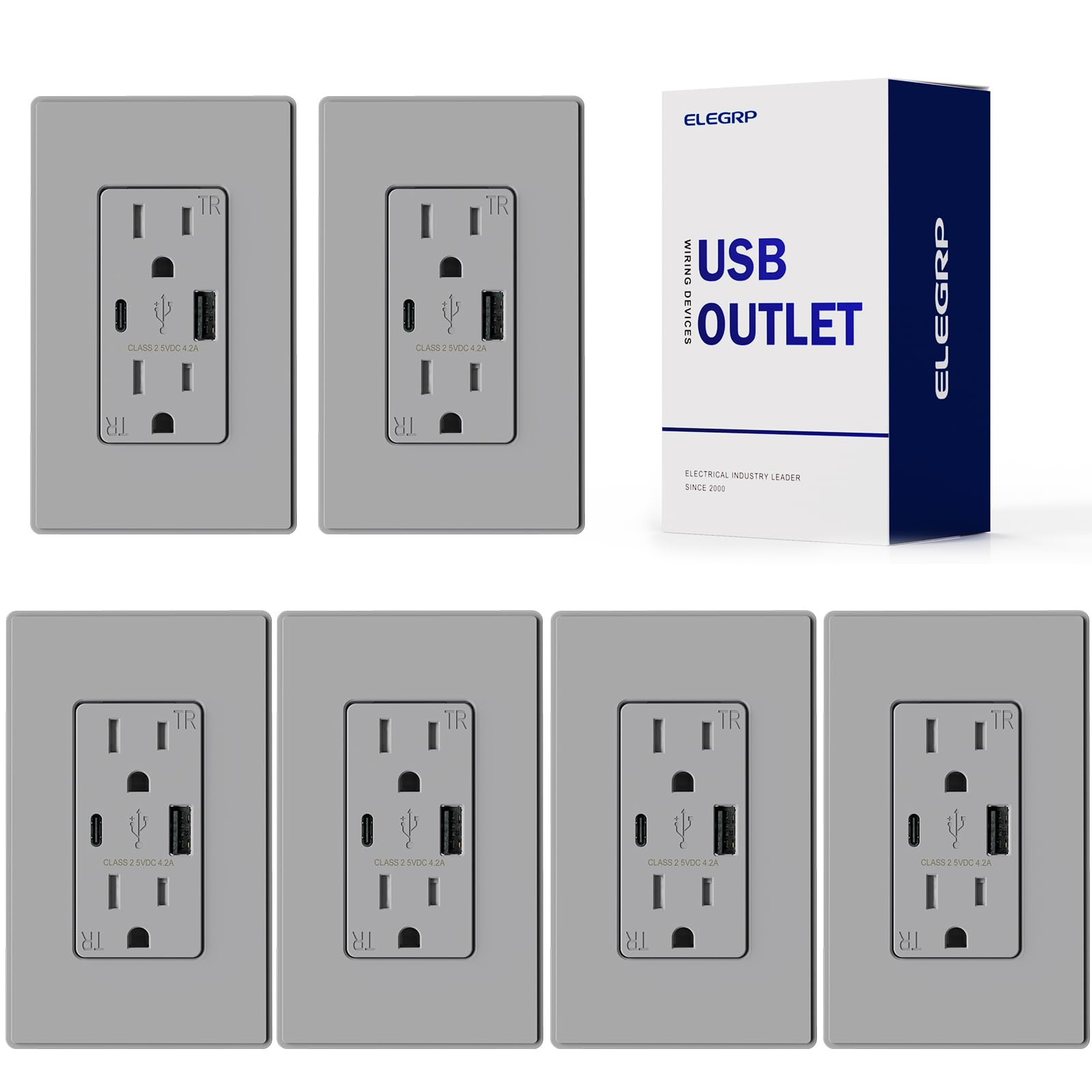 ELEGRP USB Charger Wall Outlet, USB Receptacle with USB A & USB C Ports, 15 Amp Duplex Tamper Resistant Receptacle Plug NEMA 5-15R, Wall Plate Included, UL Listed, 6 Pack, Matte Grey