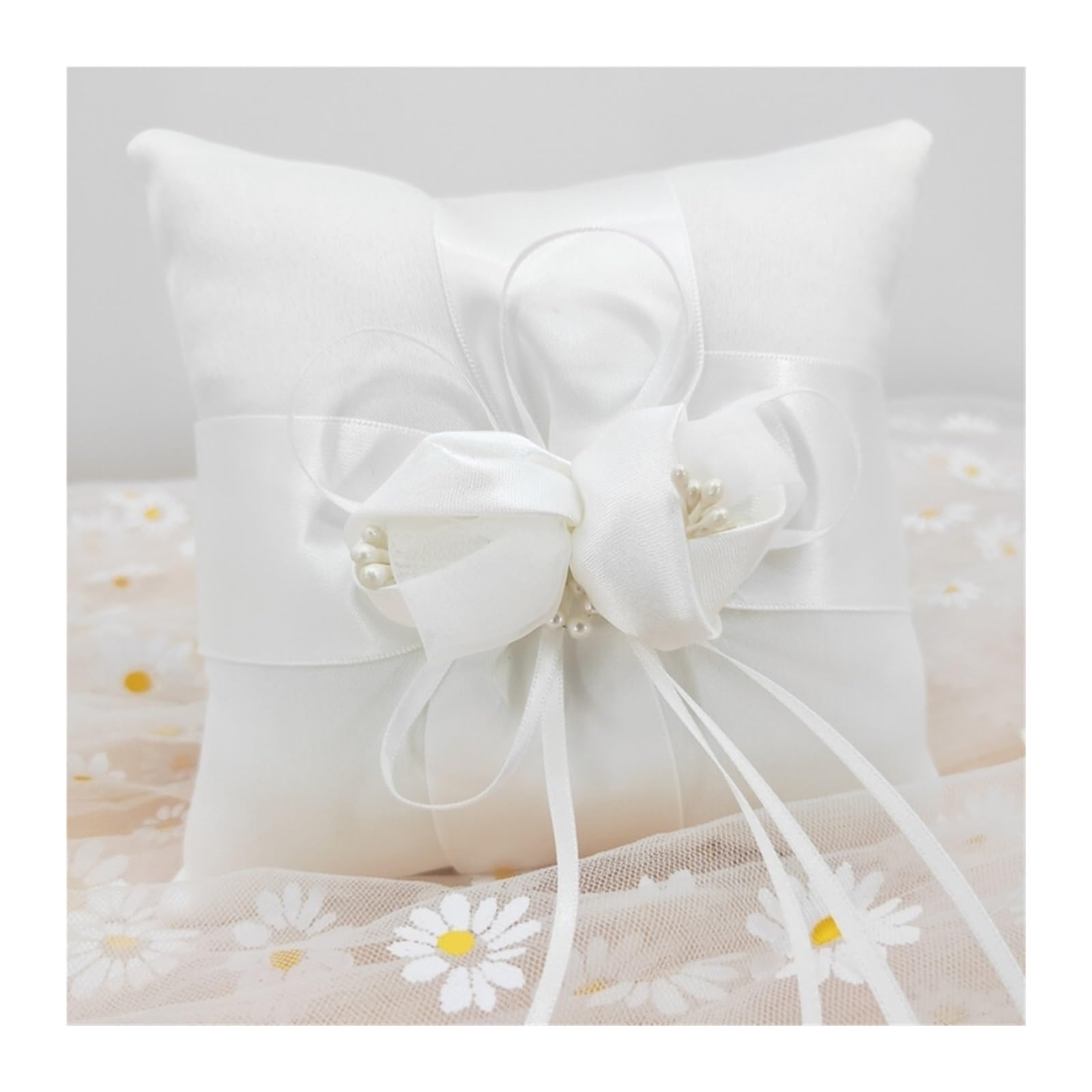 Cuscino Fedi Nuziali Doppio fiocco nastro perle romantico cuscino for anello nuziale cerimonia tascabile for portatore con nastri decorazione(B 20x20cm)