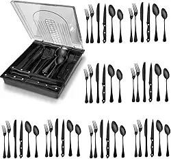 Faqueiro, Jogo de Talheres 48PCS, 410 Faqueiro Inox, caixa de armazenamento removível, Jogo de Talheres, Faqueiro Dourado, Conjunto completo de talheres, para presentes, Preto