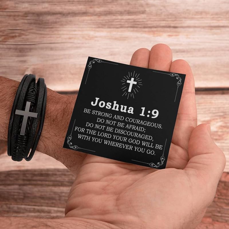 Men's Cross Leather Bracelet with Bible Verse, Layer Black Leather Bracelet for Men, Christian Religious Inspirational Graduation Gift for Him Dad Husband Boyfriend Grandson Son4