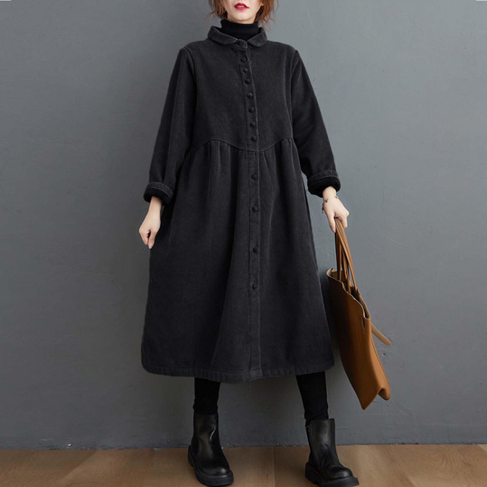 Chaqueta larga de pana para mujer, gabardina de forro polar, cálida y resistente al viento, camisa de vestir con vuelo, ropa de abrigo vintage, elegante abrigo casual suelto con bolsillos, abrigo de
