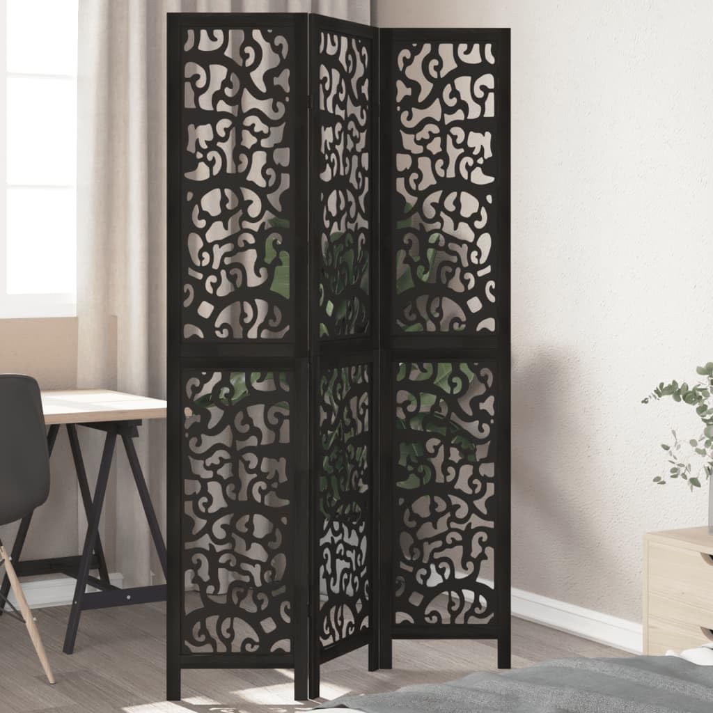 Paravent à 3 panneaux en bois massif de Paulownia - Noir - 105-110 x 200 cm - Brise-vue pliable - Pour chambre à coucher, salon, bureau et balcon - Design moderne avec charnières en métal
