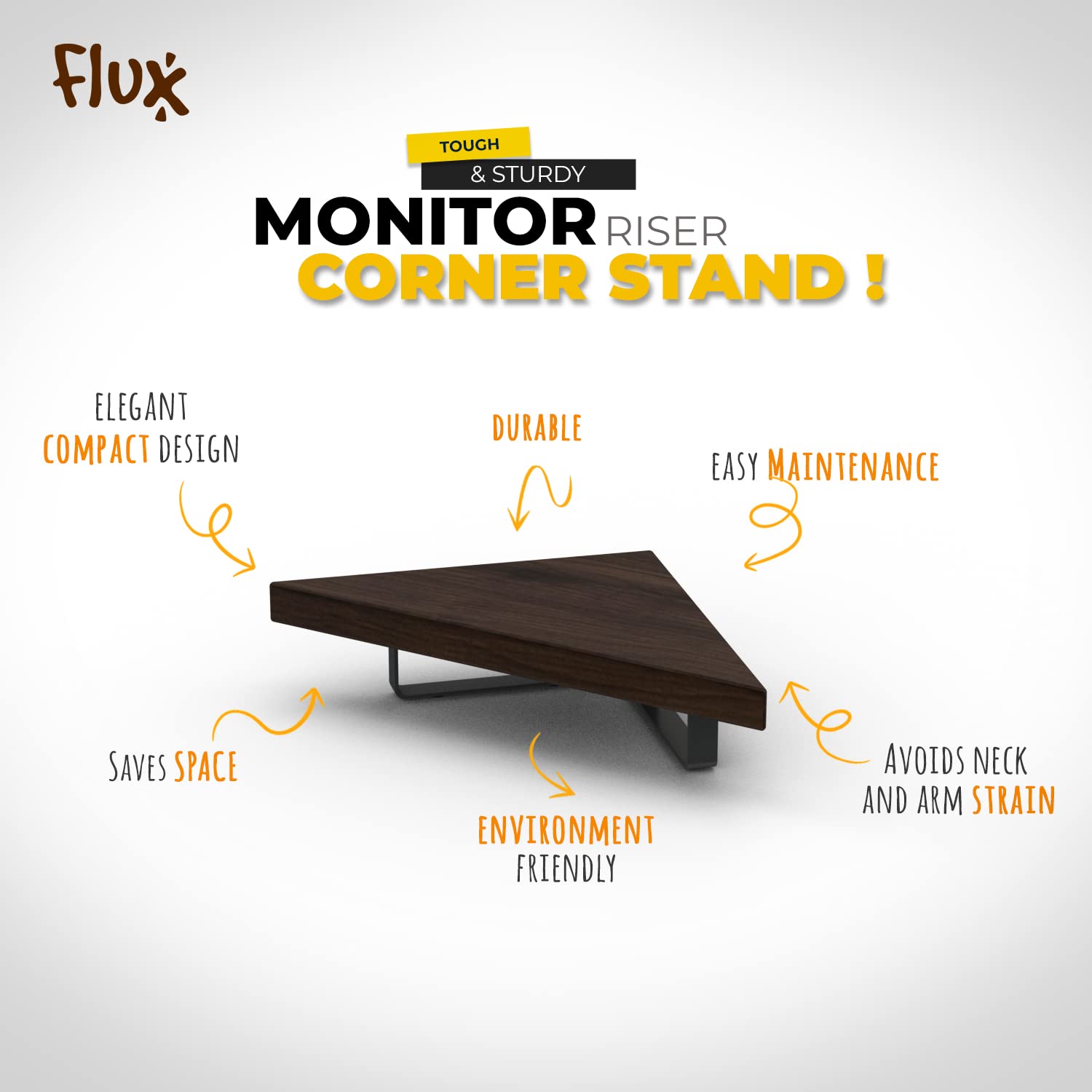 flux Wooden Monitor Stand | Monitor Stand Riser | Laptop Stand | Pc Stand Wooden | Made for Corners ,Material: Particle Board & Metal 23 Inch Shelf size -(45 x 25 x 8.5 cm) (Tringular Black Wenge) 2