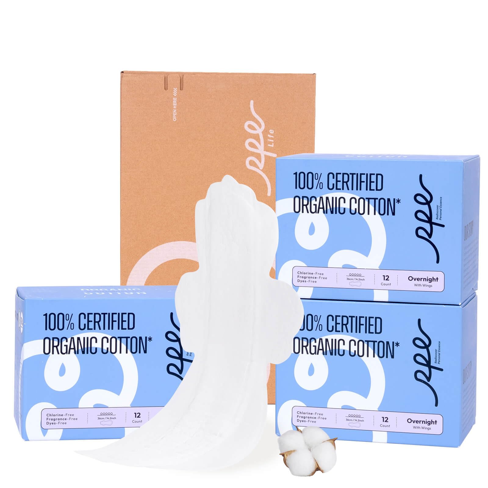 100% Organic Overnight Pads for Women, Ultra Thin Extra Heavy Flow Menstrual Sanitary Napkins with Wings Cotton Extra Coverage Period-Pads Super Absorbency Feminine Pad (Overnight, Size 5, 36 Ct)