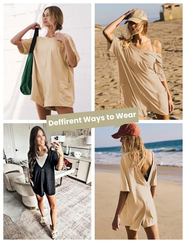 Jumpsuit Donna Elegante Manica Corta Allentata Tutina Reversibile Tuta Intera Casual Salopette Estiva Corta Spiaggia Jumpsuits con Tasche Vacanza Outfits
