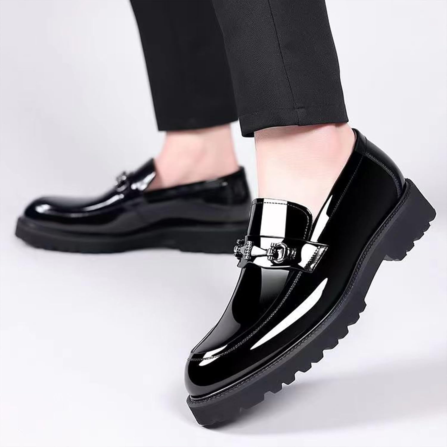 Men's Comfort Platform Chunky Slip-On Loafers, Fashion Metal Chain Shiny Patent Leather Business Casual Dress Shoes, Non-Slip Toe Lug Sole Driving Loafers - Image 2