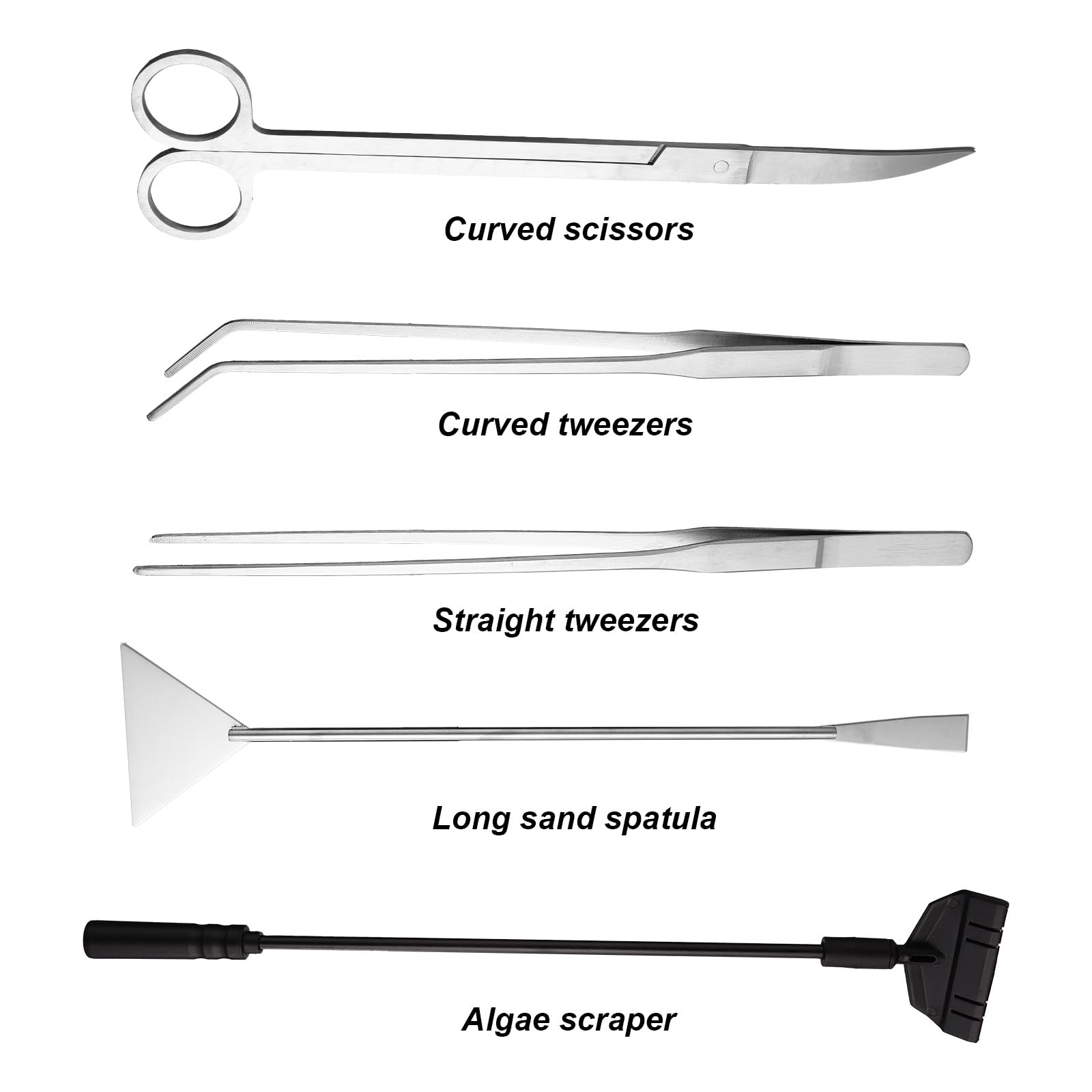 Kit Attrezzi Aquascaping Acquario, Acciaio Inossidabile Attrezzi Piante Acquatiche Pinze Dritte/Curvate Forbici Spatola Raschietto Alghe Teste Sostituzione Lungo Manico Kit Pulizia Vasca Pesci