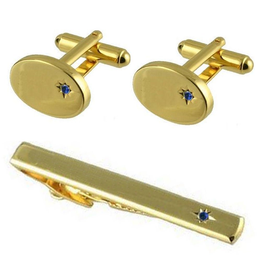 Gold Cufflinks Gift Set~Matching Gold Cuff links and Tie Clip Blue Sapphire Crystal