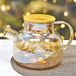 Chaleira de Vidro Âmbar com Infusor Vidro Borossilicato Tampa de Bambu Resistente ao Fogo