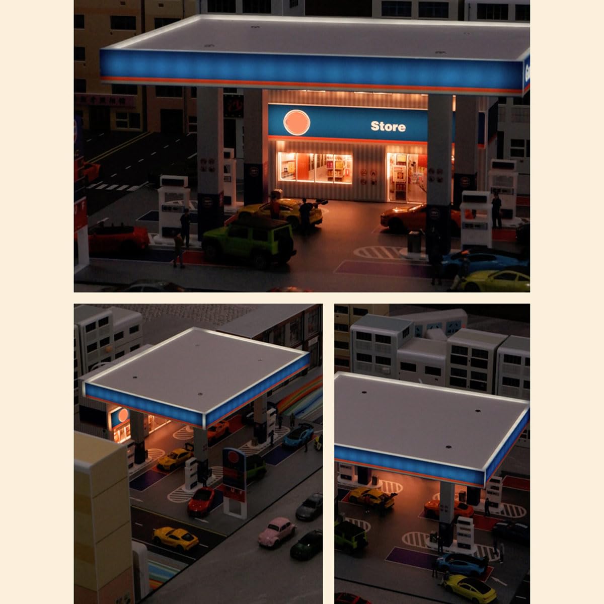 Gulf Stacja benzynowa z oświetleniem LED, stacja gazowa Diorama 1:64, zestaw scen budowlanych dla kolekcjonerów modeli samochodów (niebieska)